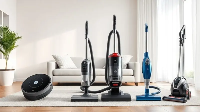 Vários tipos de aspiradores de pó, incluindo robô, vertical e portátil, alinhados em uma sala moderna e iluminada.