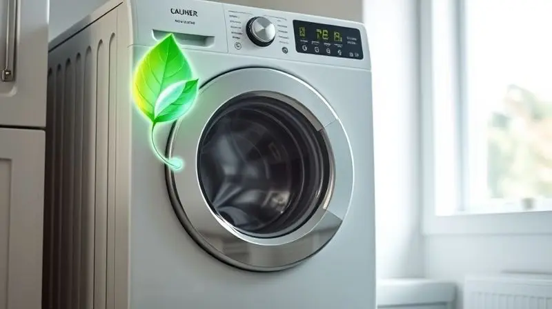 Máquina de lavar moderna com um símbolo de folha verde brilhante sobre ela, simbolizando baixo consumo de energia e água.
