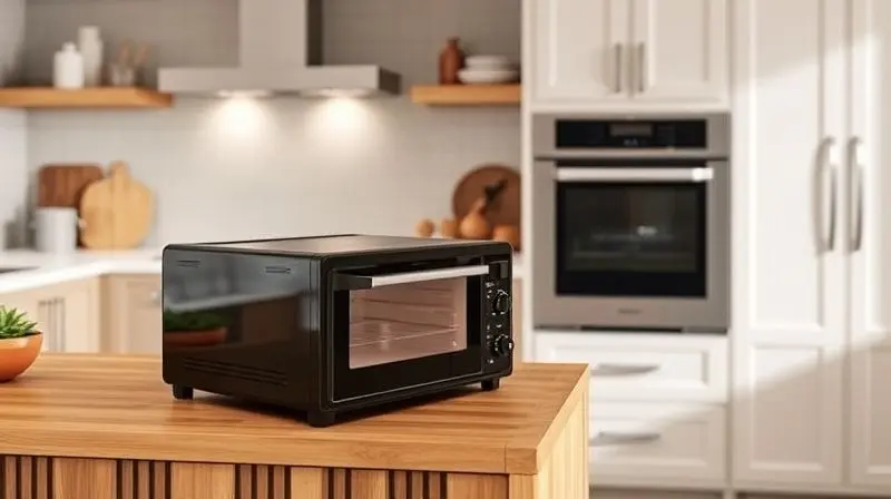 Comparativo visual entre um forno de bancada em uma ilha de cozinha e um forno de embutir instalado em um armário ao fundo.