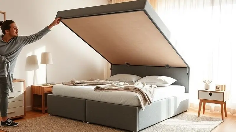 A lifestyle photo of a person easily lifting the top of a queen-size storage box bed (cama baú), revealing a neatly organized