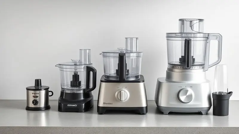 Comparativo visual de tamanho entre um mini processador, um processador padrão e um multiprocessador de alimentos.