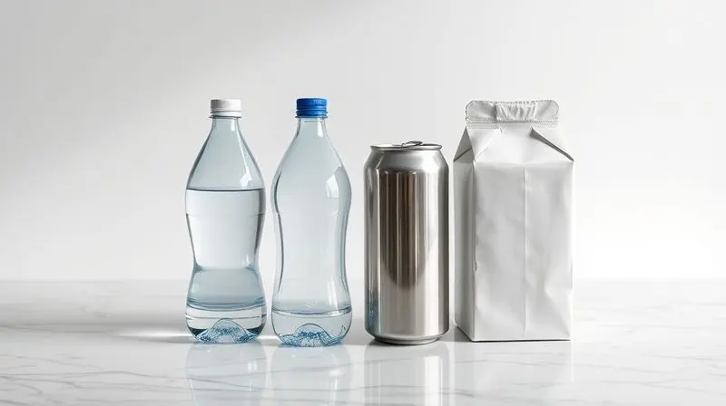 Diversos tipos de embalagens de água: garrafa de vidro, PET, lata e caixa, alinhadas em uma superfície neutra e moderna.
