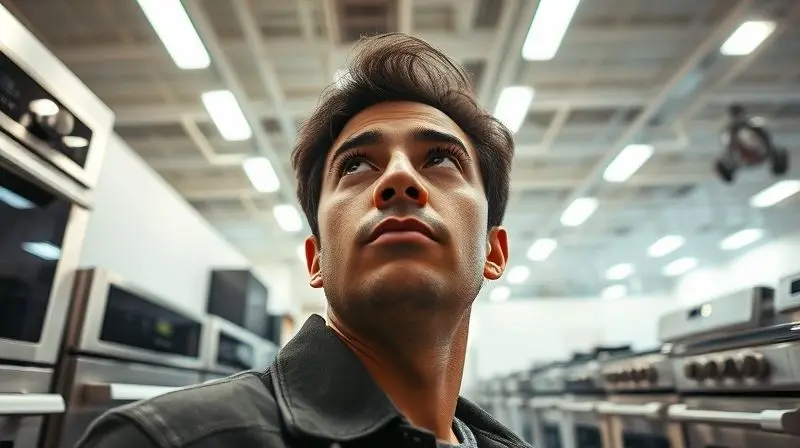 A low-angle, artistic shot of a person thoughtfully examining a row of different 5-burner stoves in a clean, brightly lit app