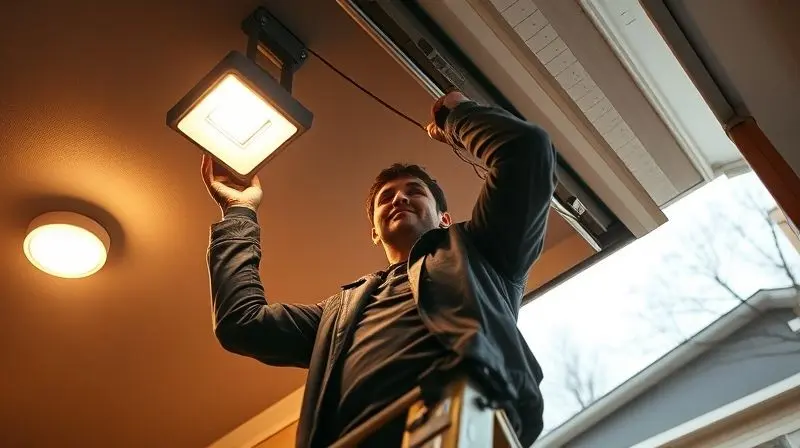 Pessoa em uma escada finalizando a instalação de um refletor LED na garagem de sua casa, com expressão de satisfação.
