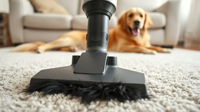 Aspirador de pó moderno removendo eficientemente pelos de animal de um tapete claro, com um cão ao fundo.