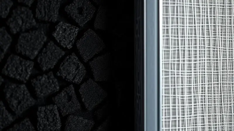 Imagem em close-up mostrando a textura de um filtro de carvão ativado ao lado de um filtro metálico de um depurador de ar.