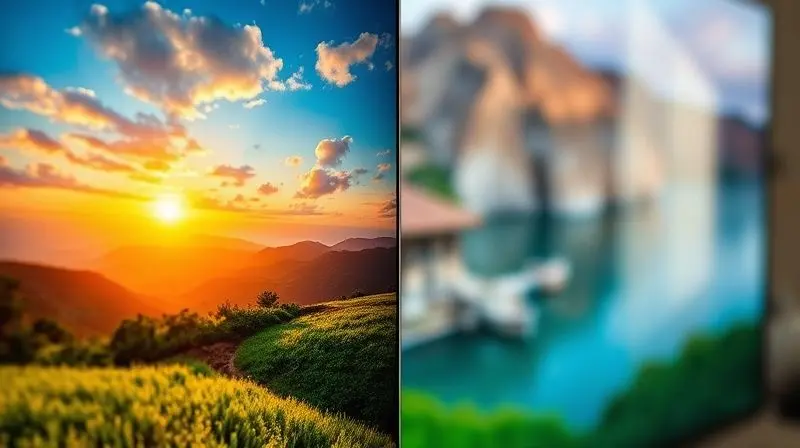 A macro shot of a TV screen split down the middle, one side showing a breathtaking 4K ultra-hd nature scene with vivid colors