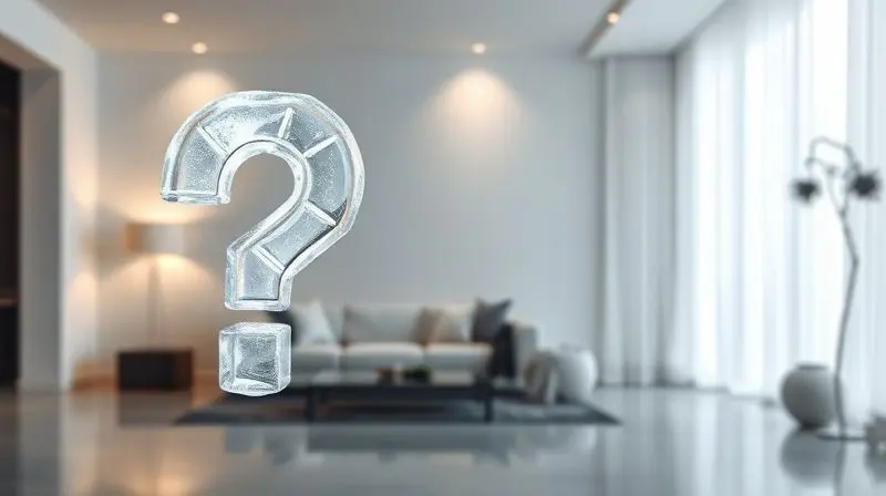 Ponto de interrogação grande e luminoso, feito de cubos de gelo, flutuando em frente a um fundo de sala com um frigobar.