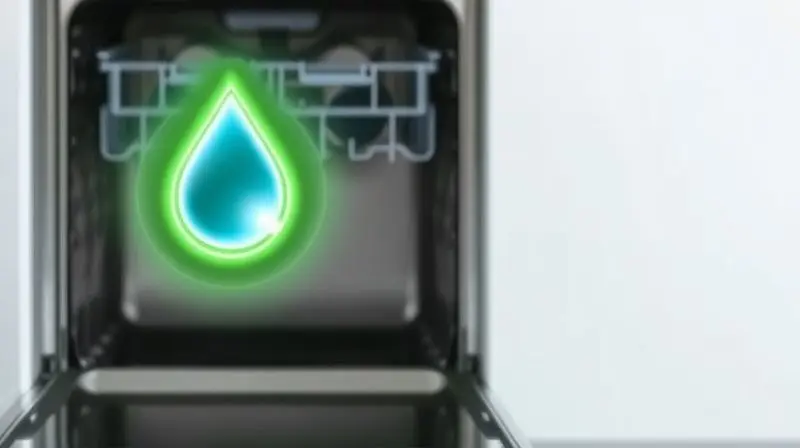 Lava-louças moderna com um ícone digital de folha e gota d'água, representando a eficiência energética e de água.