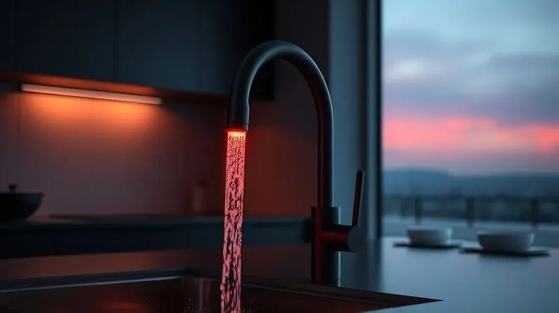 Torneira elétrica preta com luz de LED vermelha na base, indicando água quente em uma cozinha moderna com iluminação suave.