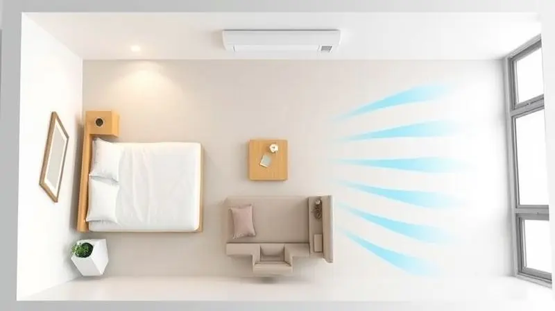 Planta baixa de um cômodo de 20m² mostrando a circulação de ar frio a partir de um ar-condicionado de 12.000 BTUs.
