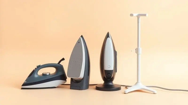 Três tipos de ferro de passar lado a lado em fundo neutro: um a seco, um a vapor e um vaporizador vertical.