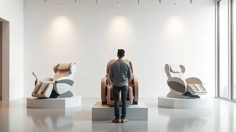 Pessoa em uma galeria de arte moderna, observando três modelos distintos de poltronas de massagem em exposição, em dúvida sobre qual escolher.