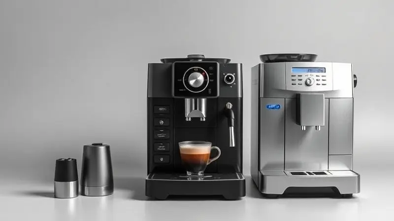 Três tipos de cafeteira expresso, de cápsula, automática e semiautomática, alinhadas lado a lado em um fundo neutro.