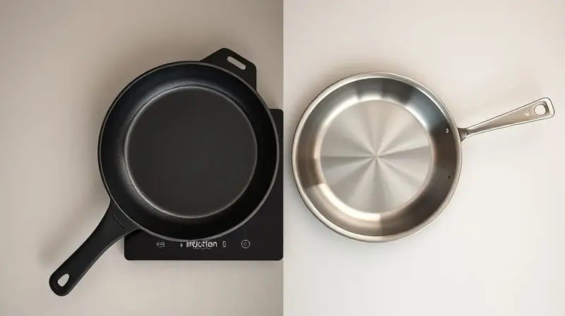 Uma panela de ferro compatível com o símbolo de indução ao lado de uma panela de alumínio, mostrando a diferença de materiais.