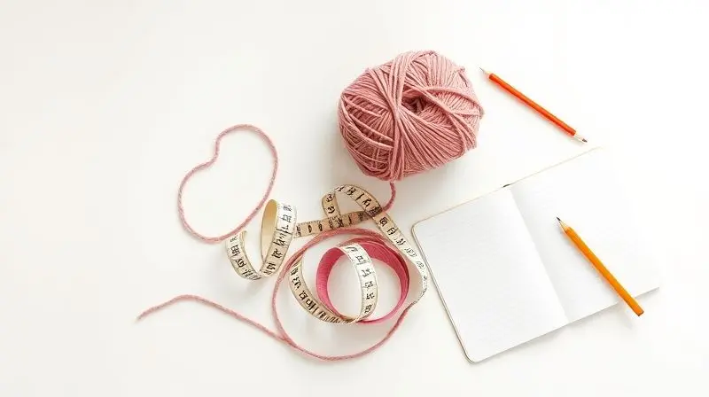 Composição flat lay com um novelo de linha, fita métrica, agulha de crochê e um caderno em fundo claro.