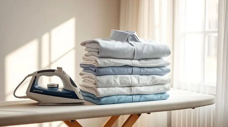 Pilha de camisas perfeitamente passadas sobre uma tábua, ao lado de um ferro, simbolizando a tarefa concluída com sucesso.