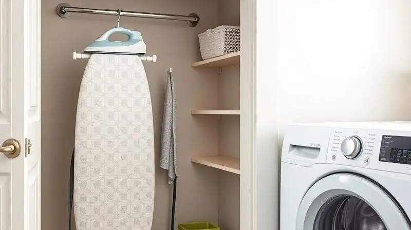 Tábua de passar roupa dobrada e guardada de forma organizada em um gancho na parede de uma lavanderia.