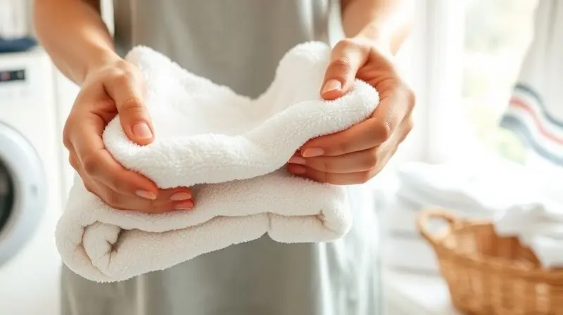 A pair of hands neatly folding a perfectly soft and fluffy, freshly laundered bath towel, with a bright, airy laundry room in