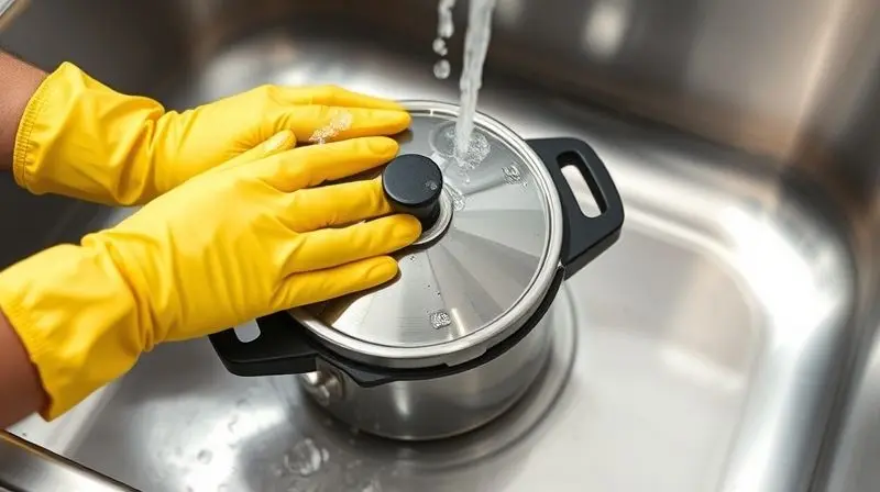 Mãos com luvas amarelas lavando cuidadosamente a tampa de uma panela de pressão em uma pia de cozinha limpa.