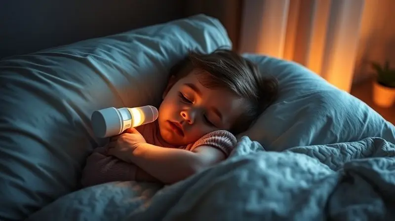 A peaceful and heartwarming scene where a mother is holding her sleeping toddler who is using a modern, silent mesh nebulizer