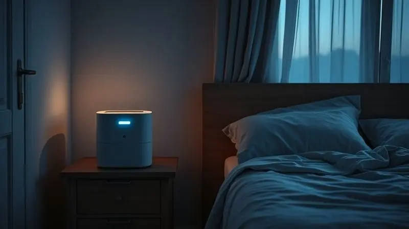 Quarto sereno ao anoitecer, com um desumidificador silencioso em funcionamento, proporcionando um ambiente de sono perfeito e confortável.