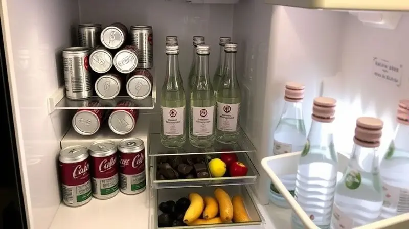 Interior de um frigobar perfeitamente organizado, com latas, garrafas e lanches arrumados para otimizar o espaço.