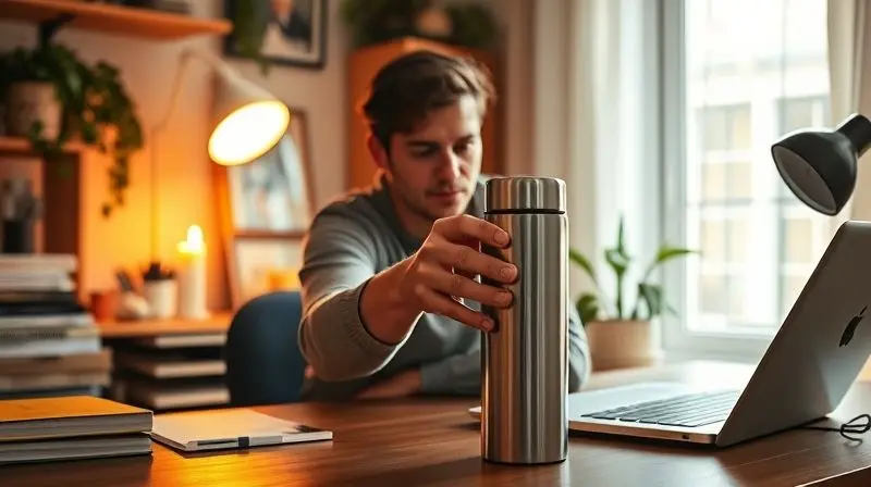 Pessoa escolhendo a garrafa térmica ideal em uma mesa de trabalho organizada, pronta para começar o dia com café quente.