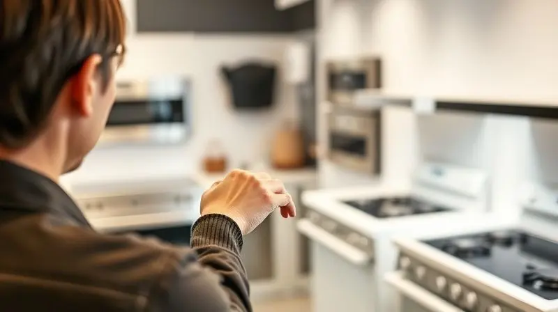 A person from behind is thoughtfully considering a selection of different 4-burner cooktops in a well-lit, modern appliance s