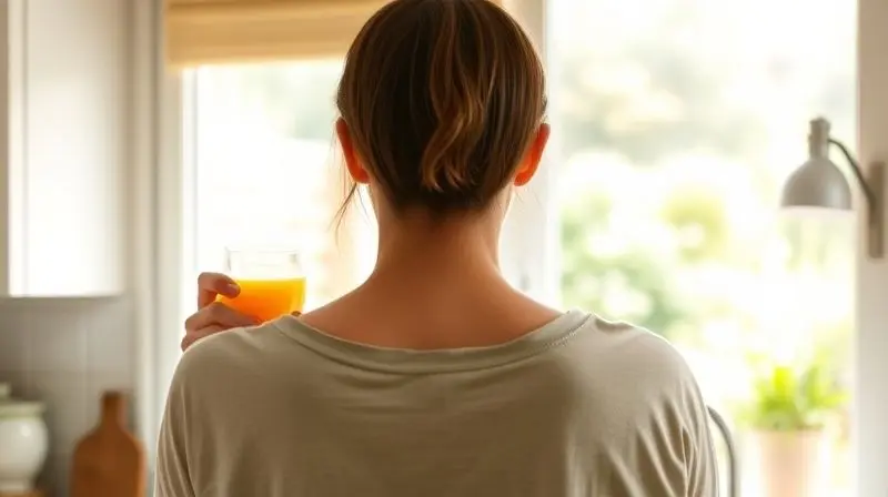 Pessoa sorrindo ao beber um copo de suco de laranja fresco em uma cozinha ensolarada.