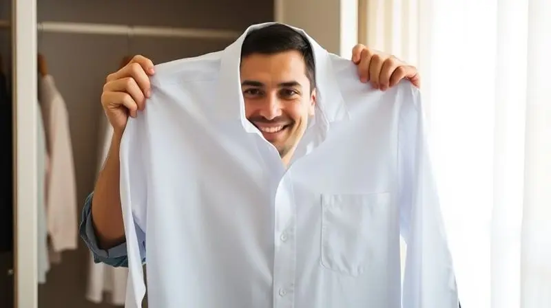 Pessoa sorrindo satisfeita ao segurar uma camisa social perfeitamente lisa, recém-passada com uma passadeira a vapor.