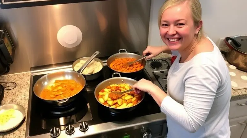 A person is happily cooking a complex meal, using multiple pans of different sizes simultaneously on a 5-burner stove. The sc