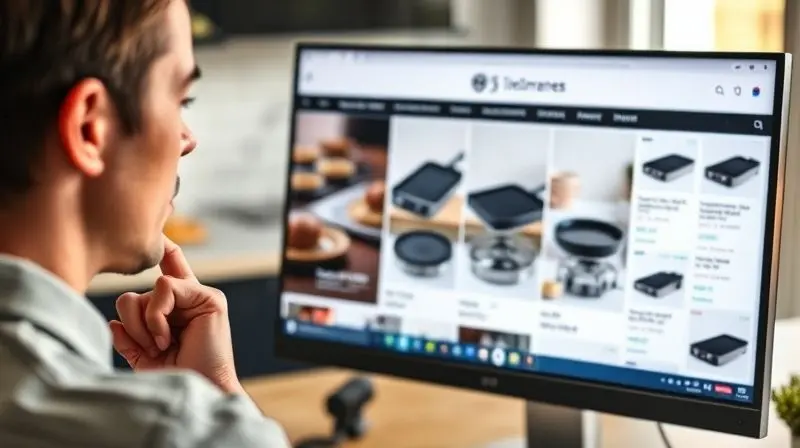 Pessoa em frente a um computador, pesquisando e comparando diferentes modelos de chapas de lanche em um site de compras.
