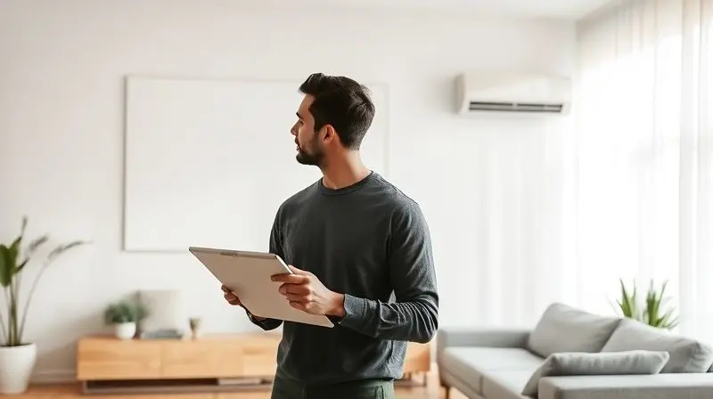 Pessoa em uma sala moderna, planejando a escolha e instalação de um ar-condicionado split com a ajuda de um tablet.