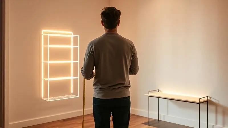 Pessoa medindo um canto de parede onde há desenhos de luz de diferentes tipos de sapateiras, simbolizando o processo de escolha.