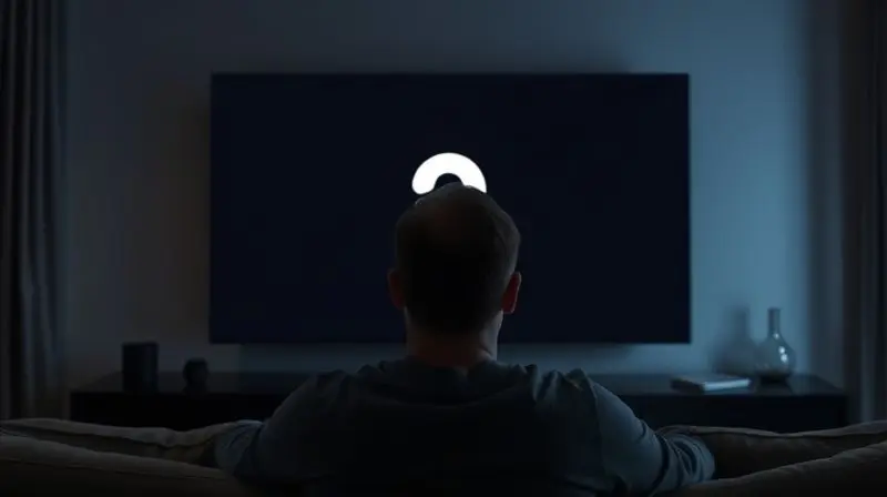 Pessoa sentada em frente a uma TV em uma sala escura, onde a tela exibe um grande ponto de interrogação luminoso.