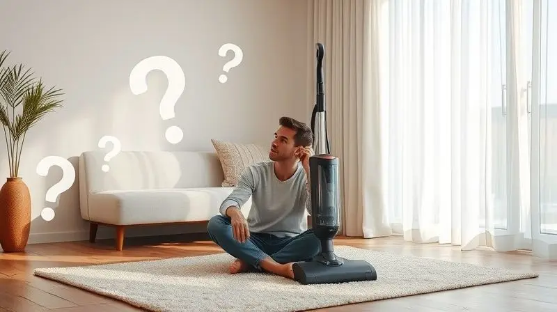 A person sits on a clean rug in a cozy room, looking thoughtfully at a vertical vacuum cleaner, while large, transparent, sty