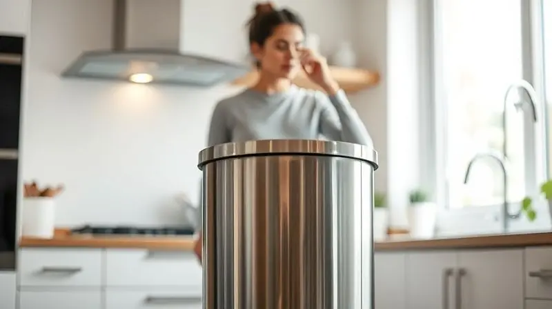 Pessoa em uma cozinha moderna olhando de forma pensativa para uma lixeira de inox, ponderando a decisão de compra.