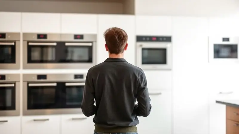 A person stands in a bright, modern kitchen appliance showroom, thoughtfully examining a wall displaying several sleek, built