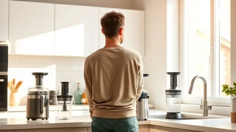 Pessoa em uma cozinha moderna, comparando diferentes espremedores de frutas sobre a bancada.