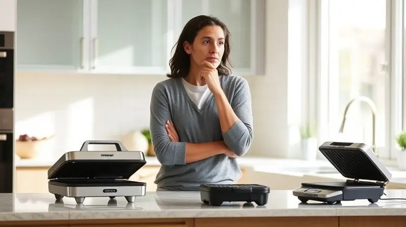 Pessoa em uma cozinha moderna, em dúvida sobre qual sanduicheira escolher entre dois modelos diferentes.