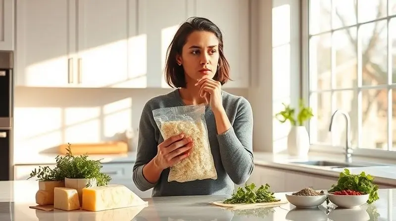 Pessoa com expressão pensativa olhando para um pacote de arroz para risoto em uma cozinha, simbolizando dúvidas sobre o preparo.