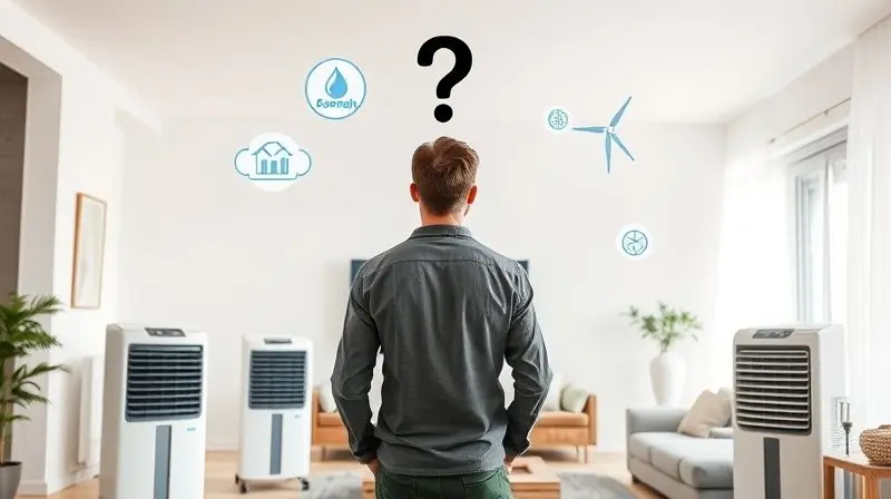 Pessoa em uma sala de estar moderna, avaliando diferentes modelos de climatizadores de ar para fazer uma escolha consciente.