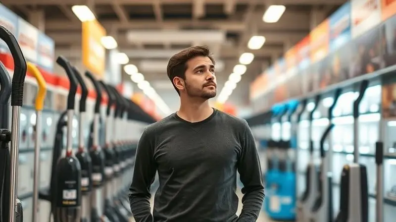 Pessoa em uma loja, olhando atentamente para vários modelos de aspirador, representando o processo de decisão de compra.