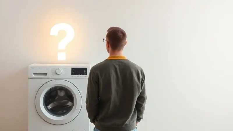 Pessoa com expressão de dúvida olhando para um tanquinho com um ponto de interrogação luminoso acima.