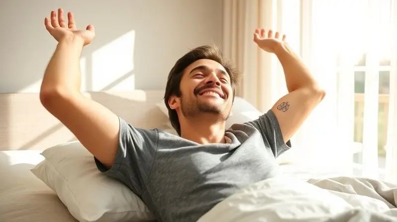 Pessoa acordando feliz e espreguiçando na cama, com a cabeça em um travesseiro NASA, em um quarto ensolarado.