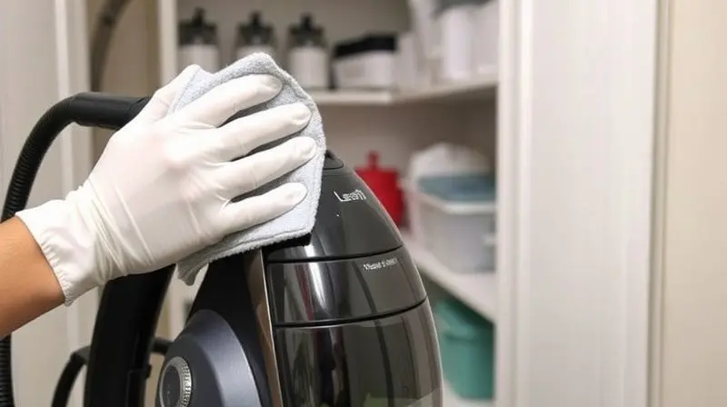 Pessoa realizando a manutenção de um limpador a vapor, limpando o aparelho com um pano em um ambiente organizado.