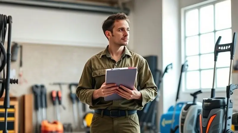 Profissional em uma oficina compara duas lavadoras de alta pressão, ponderando sobre qual modelo escolher para seu trabalho.
