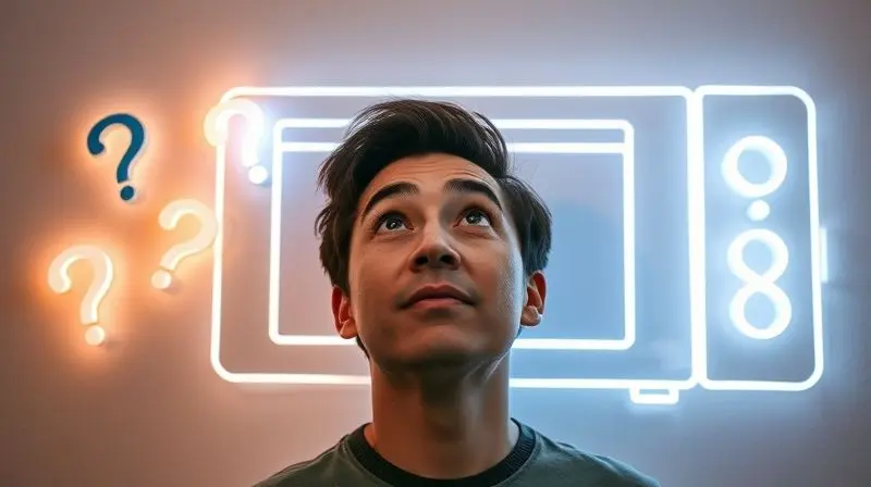 A person with a curious and thoughtful expression looking at a wall with floating question mark icons around a stylized, gene