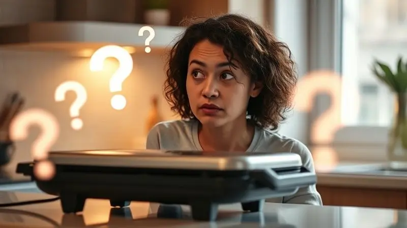 Pessoa com expressão curiosa olhando para uma churrasqueira elétrica, com ícones de interrogação ao redor, representando o FAQ.